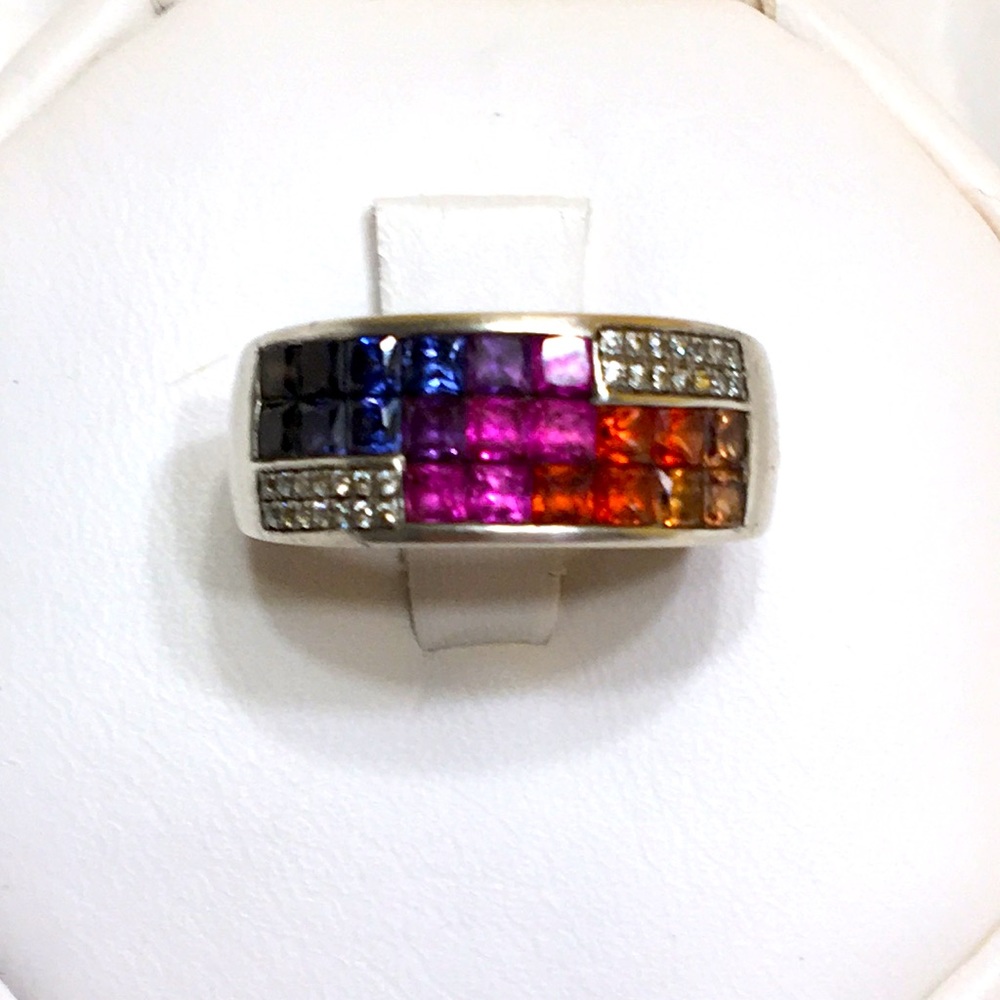 Rainbow Sapphire Ring with White Topaz in Sterling Silver - Size 7 3/4